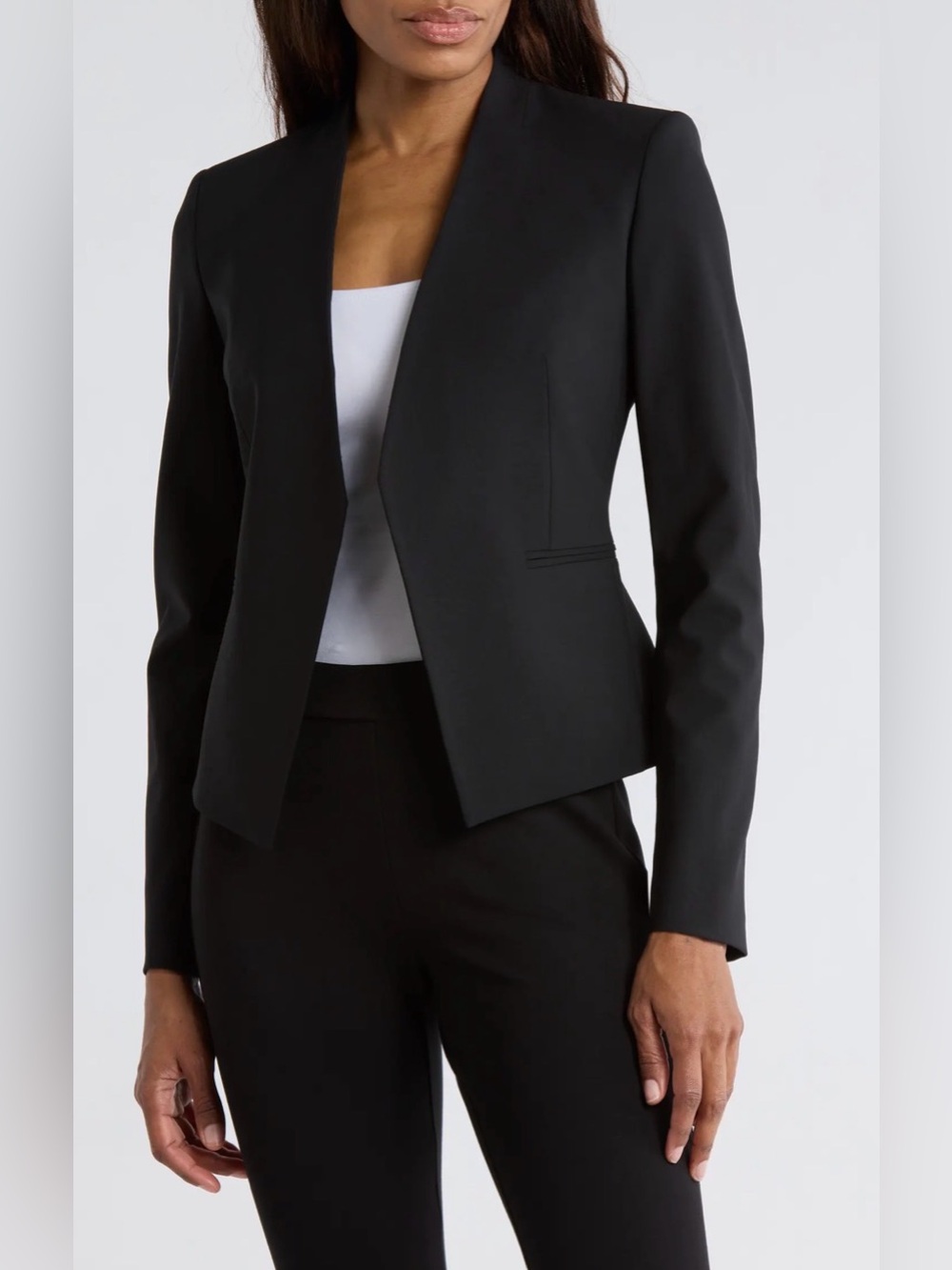 THEORY Lanai Open-Front Collarless V-Neck Stretch Wool Blazer Jacket Black 4